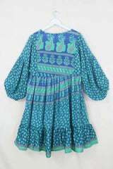 Poppy Mini Smock Dress - Vintage Sari - Seafoam & Sapphire Leaves - XS By All About Audrey