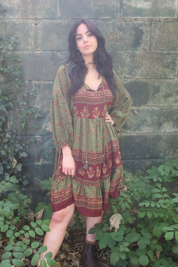 Poppy Mini Smock Dress - Vintage Sari - Ornate Forest Green & Rosewood - S By All About Audrey