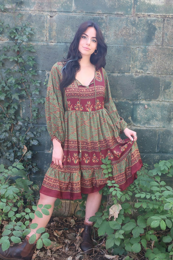 Poppy Mini Smock Dress - Vintage Sari - Ornate Forest Green & Rosewood - S By All About Audrey