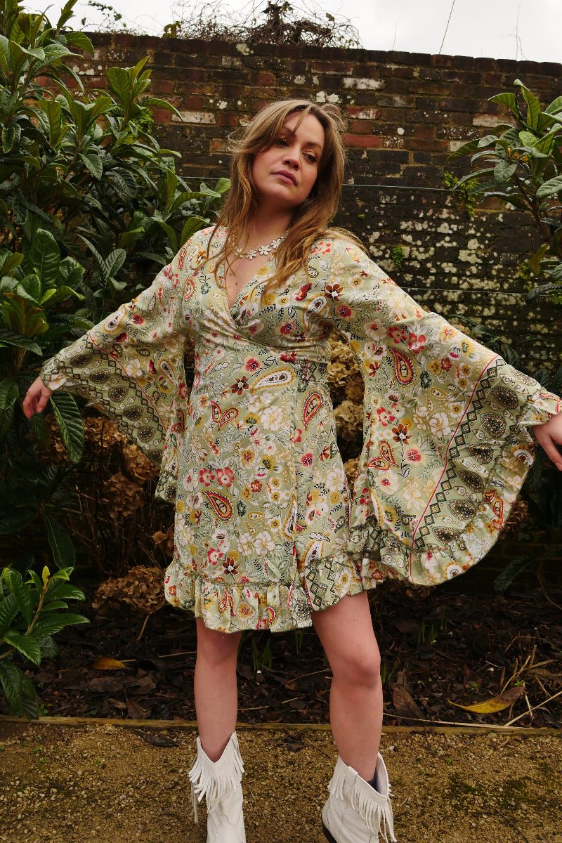 Venus Mini Wrap Dress in Porcelain Green Floral by All About Audrey