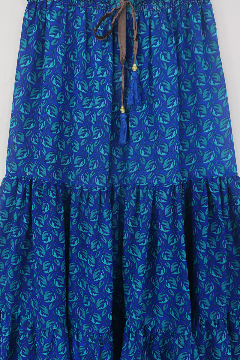 Rosie Midi Skirt - Vintage Indian Sari - Sheer Blue Leaf Motif - Free Size by All About Audrey