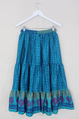 Rosie Midi Skirt - Vintage Indian Sari - Aztec Turquoise - Free Size by All About Audrey
