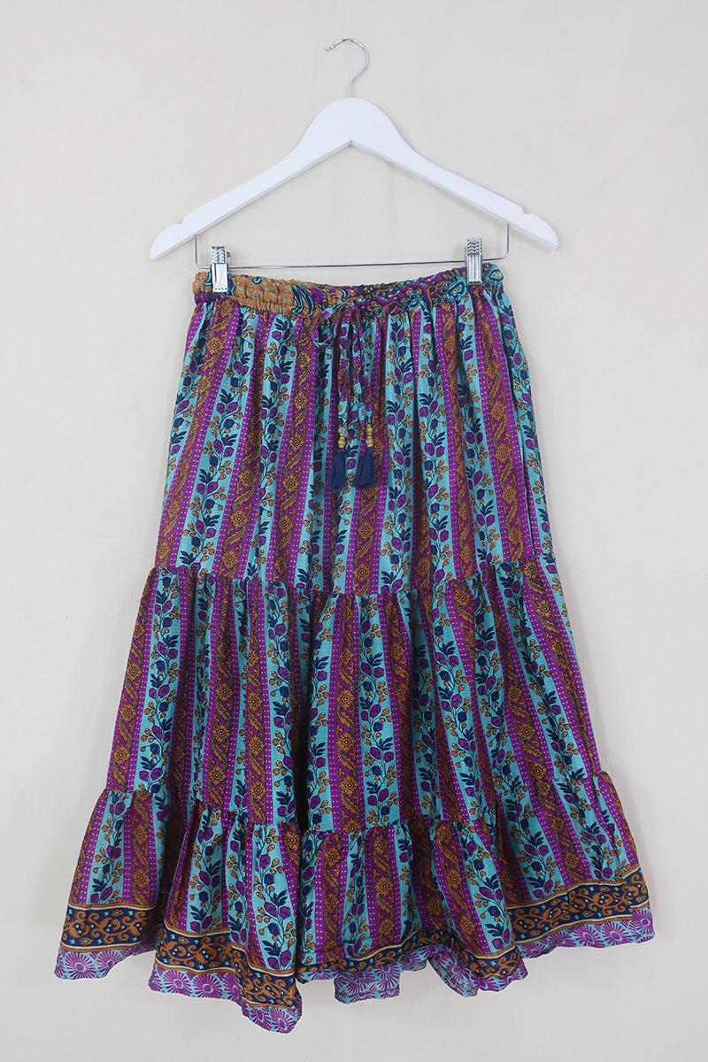 Rosie Midi Skirt - Vintage Indian Sari - Aqua, Magenta & Amber Floral - Free Size by All About Audrey