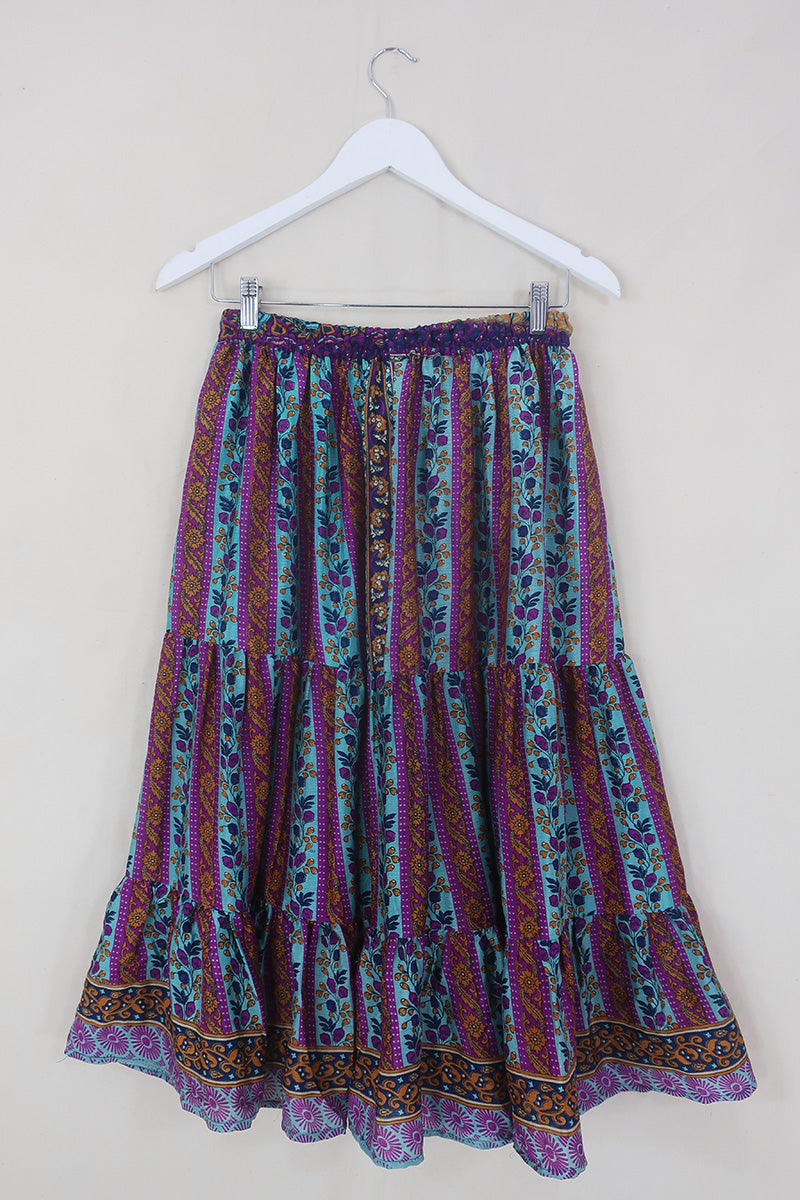 Rosie Midi Skirt - Vintage Indian Sari - Aqua, Magenta & Amber Floral - Free Size by All About Audrey