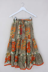 Rosie Midi Skirt - Vintage Indian Sari - Orange & Silver Birch - Free Size by All About Audrey