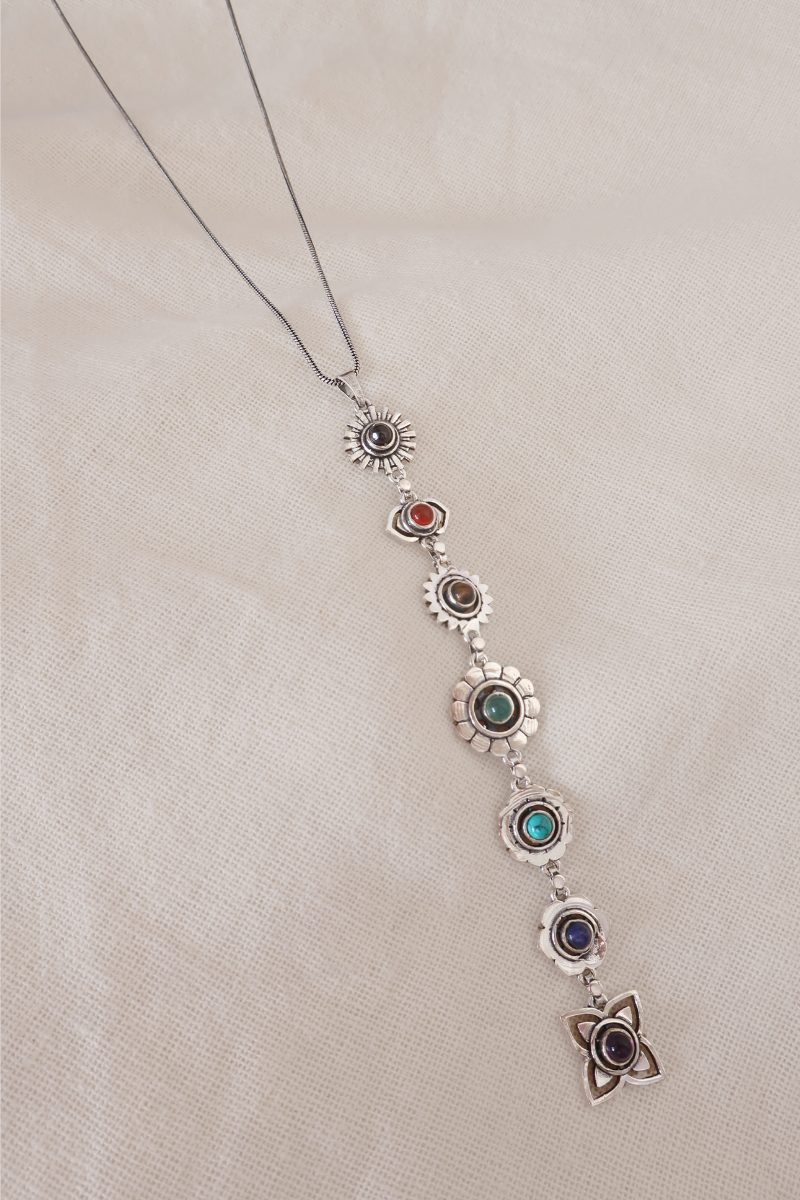 Precious Jewels Flower Drop Chakra Silver Plated Necklace