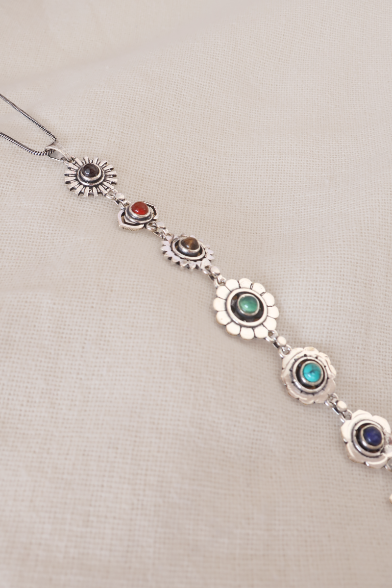 Precious Jewels Flower Drop Chakra Silver Plated Necklace