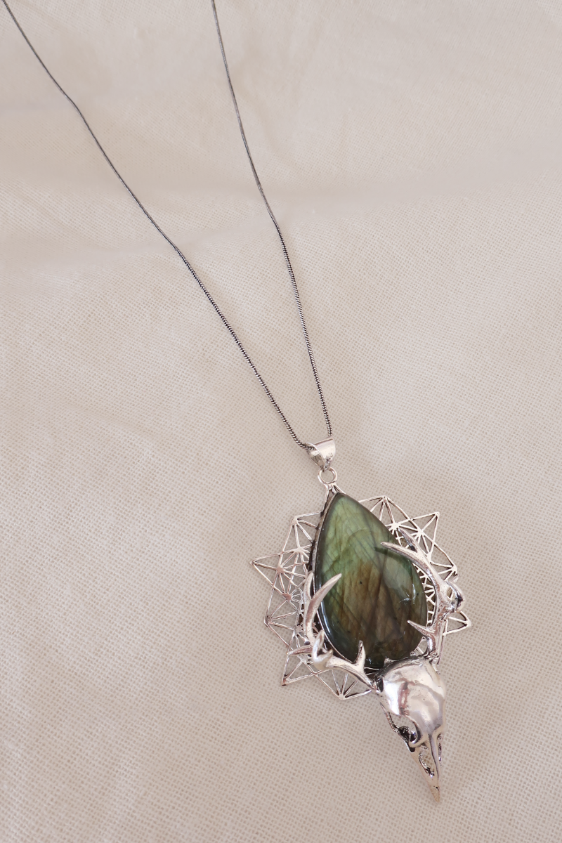 Pyschedelic Antlers Silver Plated Necklace with a Labradorite Stone
