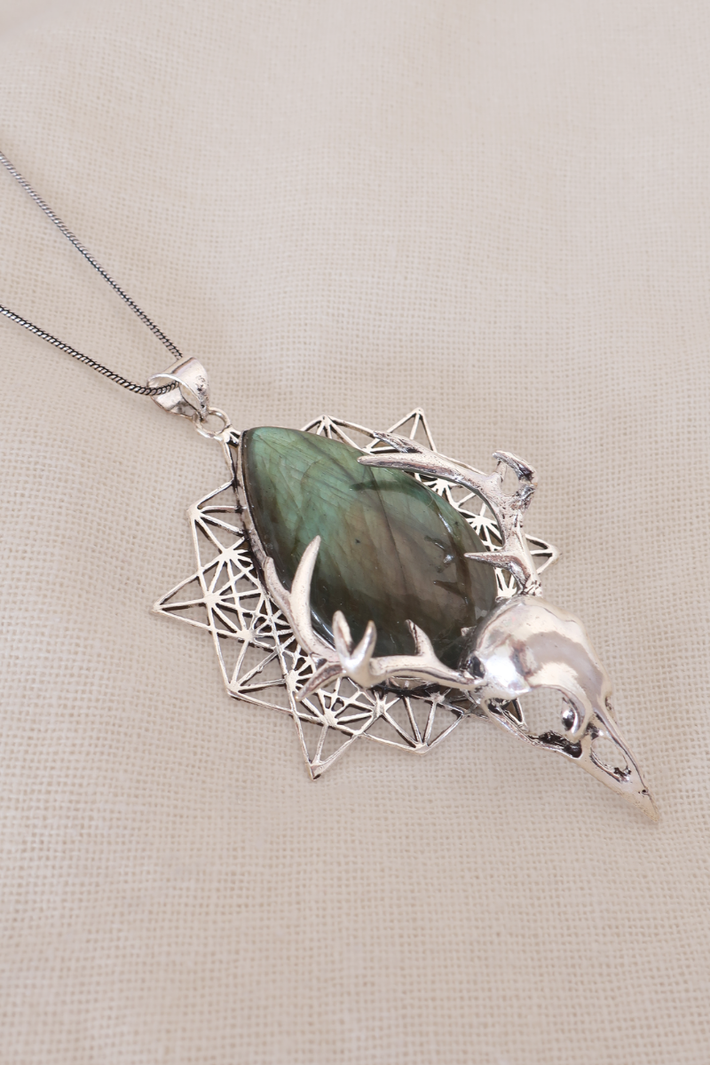 Pyschedelic Antlers Silver Plated Necklace with a Labradorite Stone