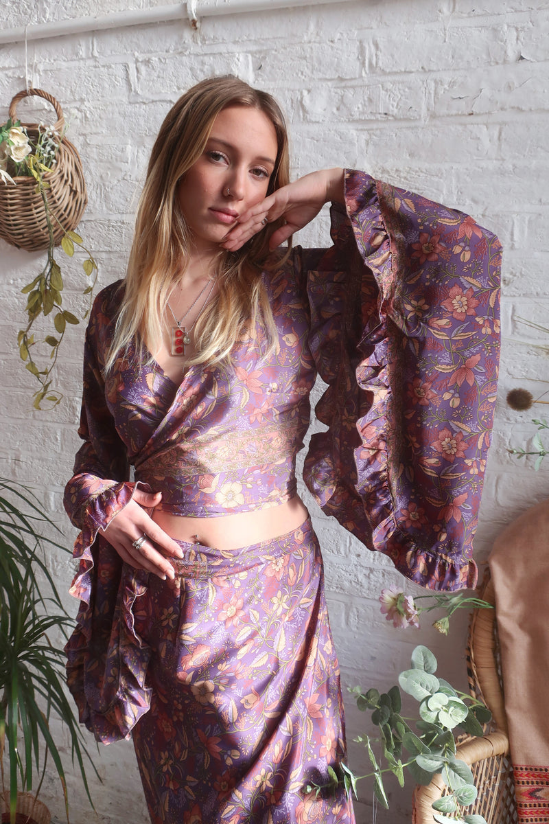 Venus Folklore Floral Wrap Top in Willow Purple