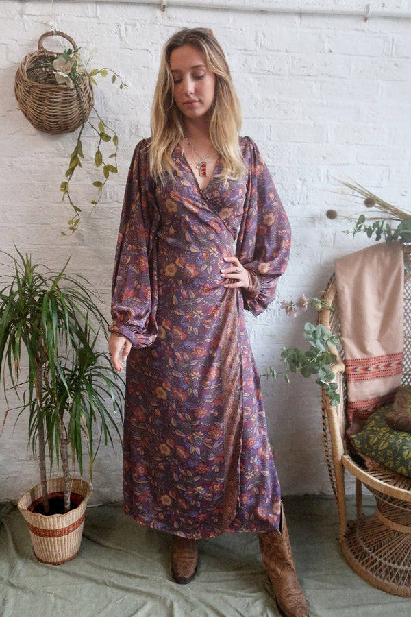 Lola Folklore Floral Wrap Dress in Willow Purple By All About Audrey