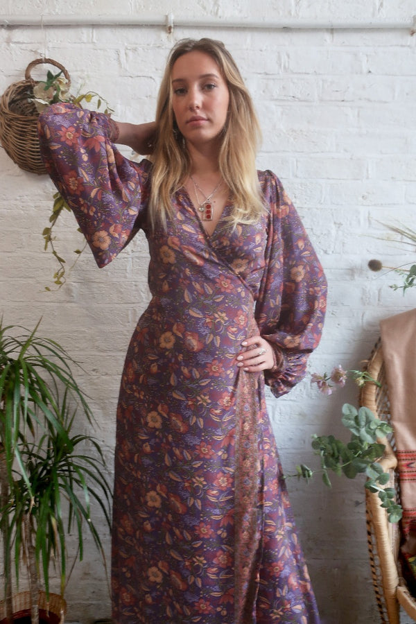 Lola Folklore Floral Wrap Dress in Willow Purple By All About Audrey