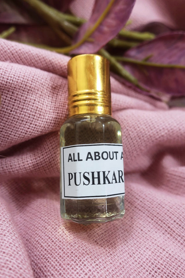 Close up of our All About Audrey Pushkar Rose essential oil perfume in a vintage inspired glass bottle and retro metal twist lid. A roll on applicator and long lasting scent by All About Audrey