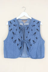 Willa Reclaimed Denim Waistcoat - Charcoal Black Embellished Leaves - Size M by All About Audrey