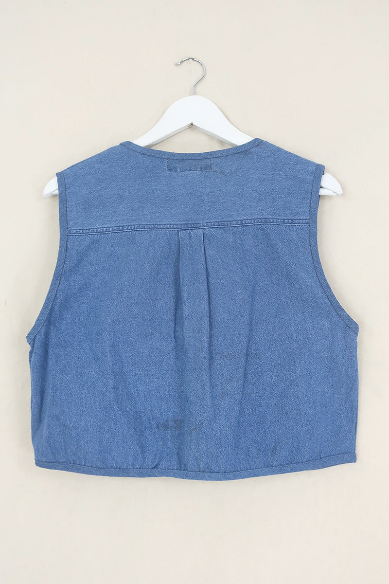 Willa Reclaimed Denim Waistcoat - Charcoal Black Embellished Leaves - Size M by All About Audrey