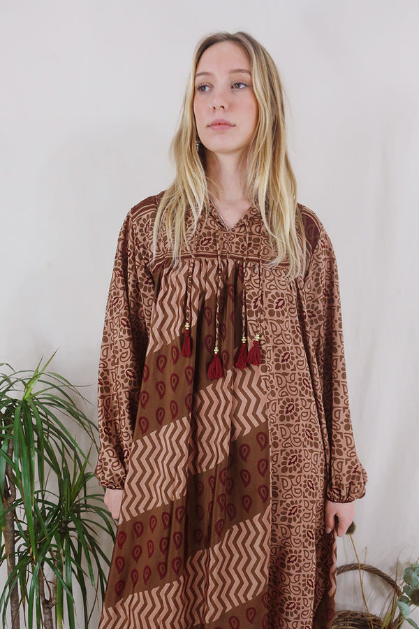 Daphne Dress - Raffia Tan & Ruby Chevron - Vintage Sari - Size S/M By All About Audrey