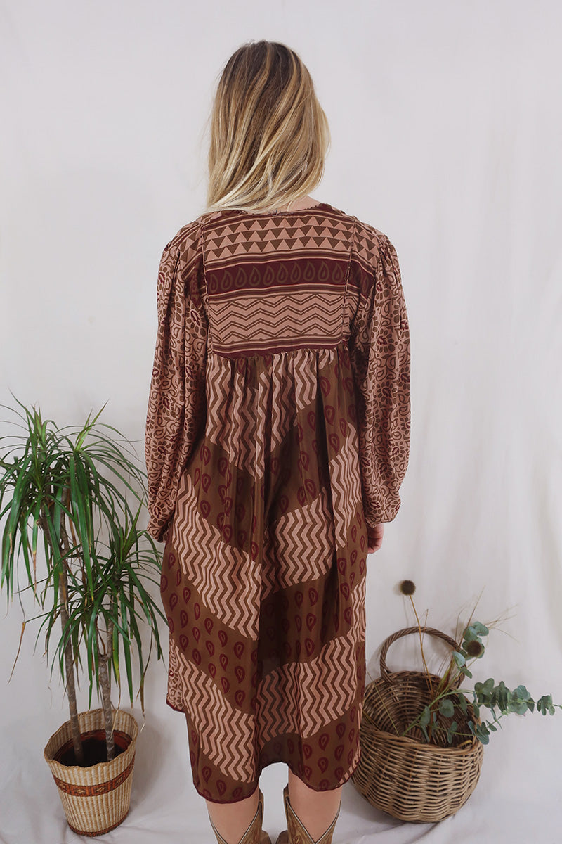 Daphne Dress - Raffia Tan & Ruby Chevron - Vintage Sari - Size S/M By All About Audrey
