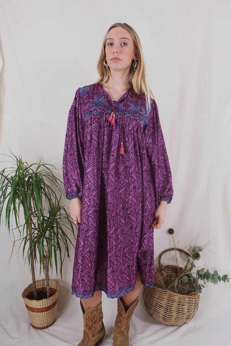 Daphne Dress - Amethyst Shimmering Ferns - Vintage Sari - Size S/M By All About Audrey