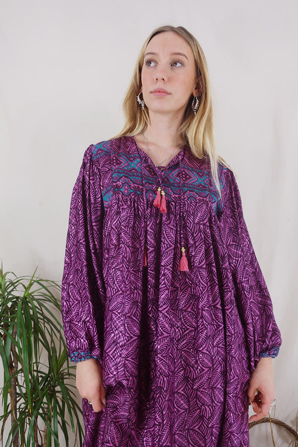 Daphne Dress - Amethyst Shimmering Ferns - Vintage Sari - Size S/M By All About Audrey