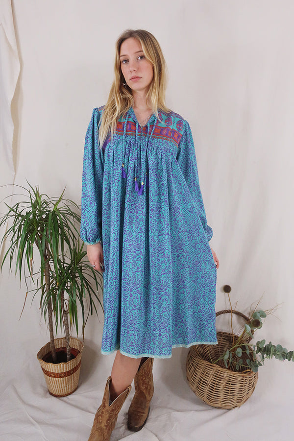 Daphne Dress - Lagoon Blue & Violet Vines - Vintage Sari - Size S/M By All About Audrey