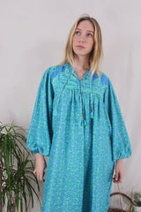 Daphne Dress - Peppermint & Cornflower Leaves - Vintage Sari - Size S/M By All About Audrey