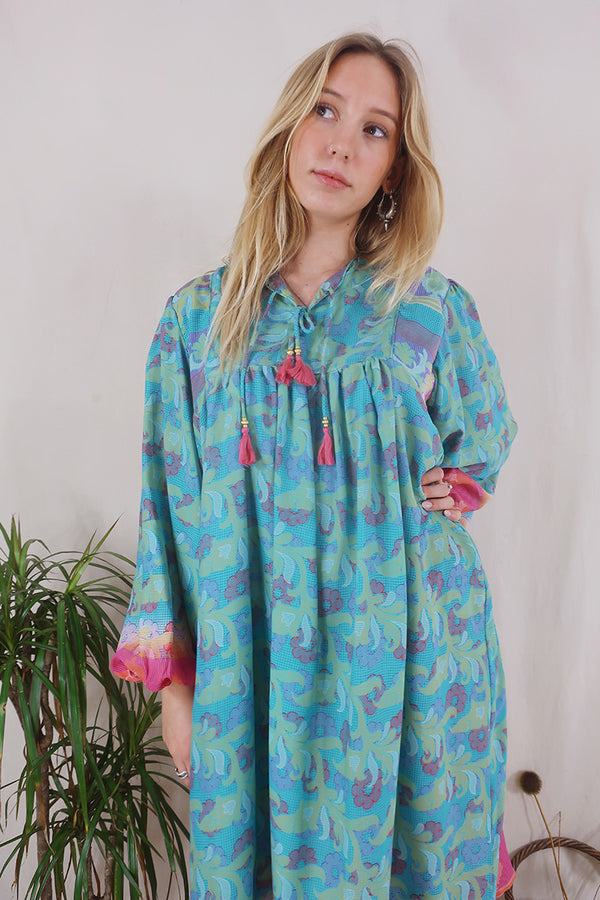 Daphne Dress - Sweetpea & Blue Floral - Vintage Sari - Size XL By All About Audrey