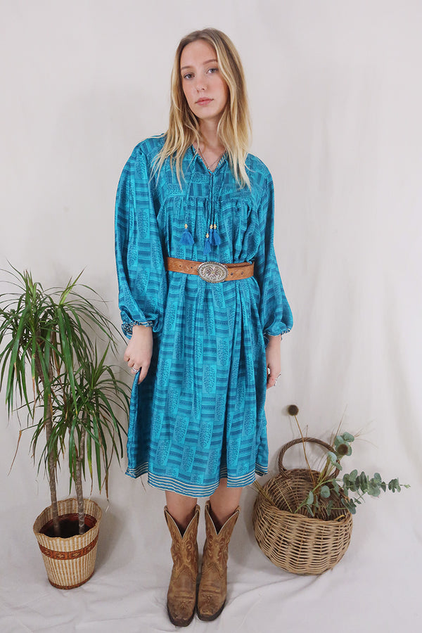 Daphne Dress - Marine Blue Mosaic - Vintage Sari - Size XL By All About Audrey