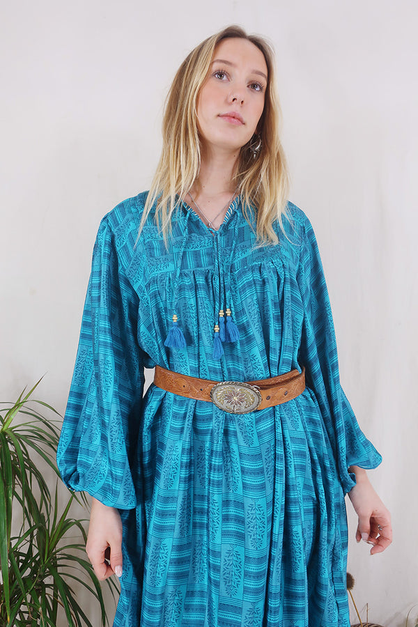 Daphne Dress - Marine Blue Mosaic - Vintage Sari - Size XL By All About Audrey