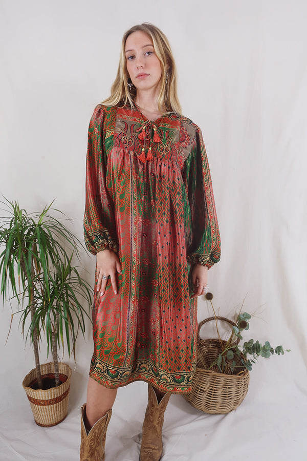 Daphne Dress - Forest Green & Coral - Vintage Sari - Size XL By All About Audrey