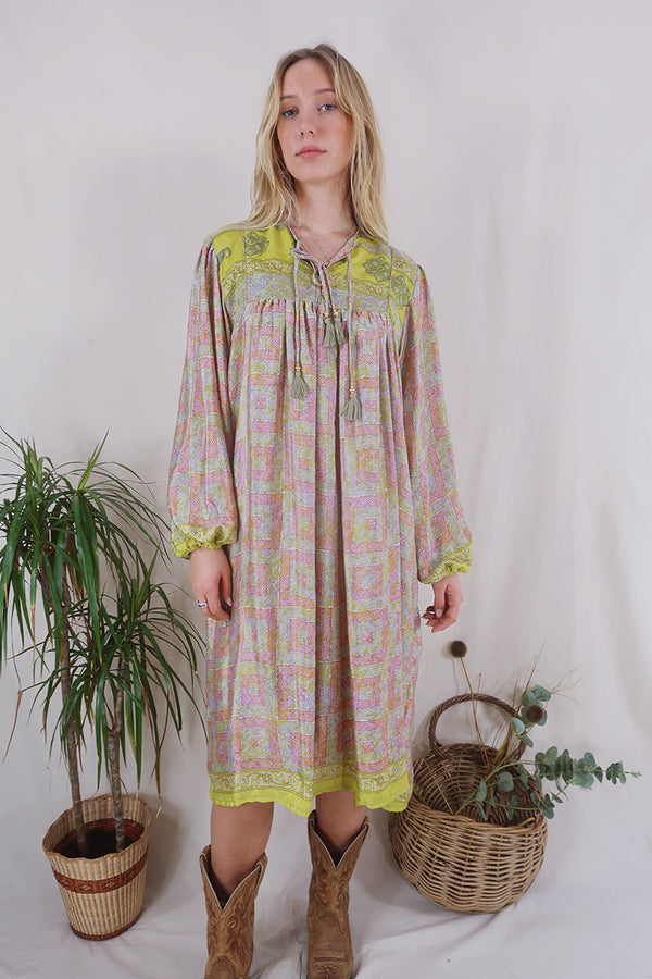 SALE | Daphne Dress - Berry Pink & Lime Tiles - Vintage Sari - Size S/M By All About Audrey