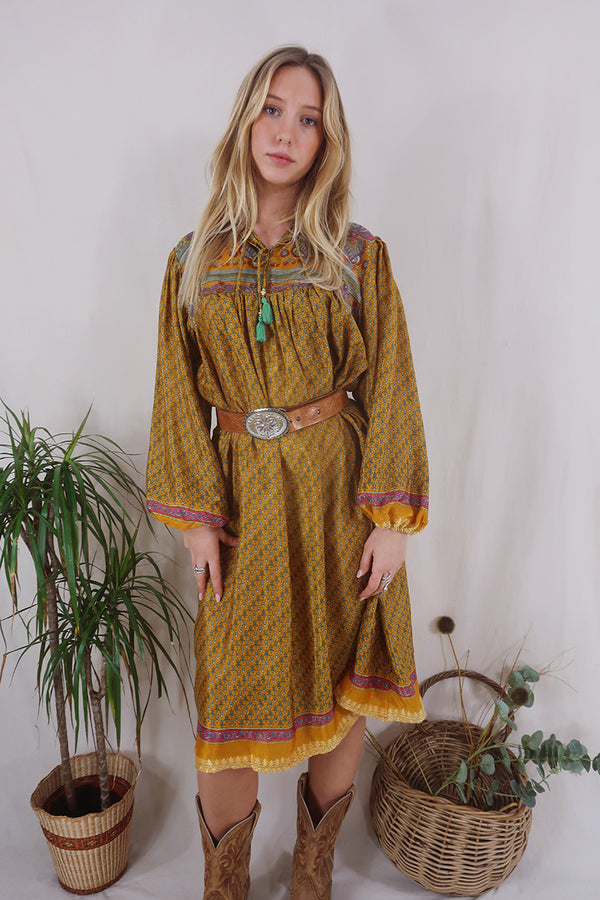 Daphne Dress - California Sun Yellow Motif - Vintage Sari - Size S/M By All About Audrey
