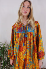 Daphne Dress - Vivid Amber & Turquoise Palms - Vintage Sari - Size S/M