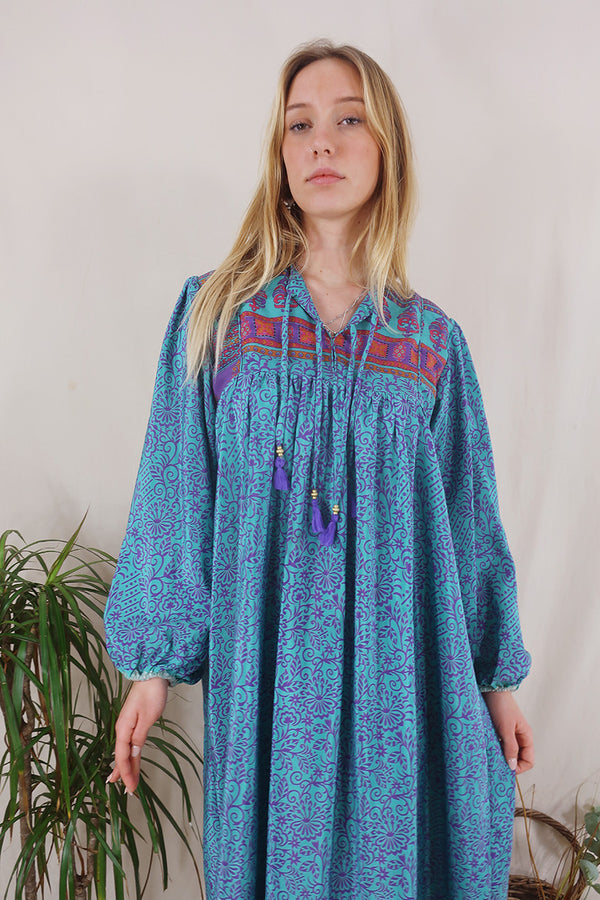 Daphne Dress - Lagoon Blue & Violet Vines - Vintage Sari - Size S/M By All About Audrey
