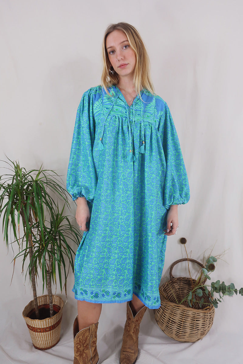 Daphne Dress - Peppermint & Cornflower Leaves - Vintage Sari - Size S/M By All About Audrey