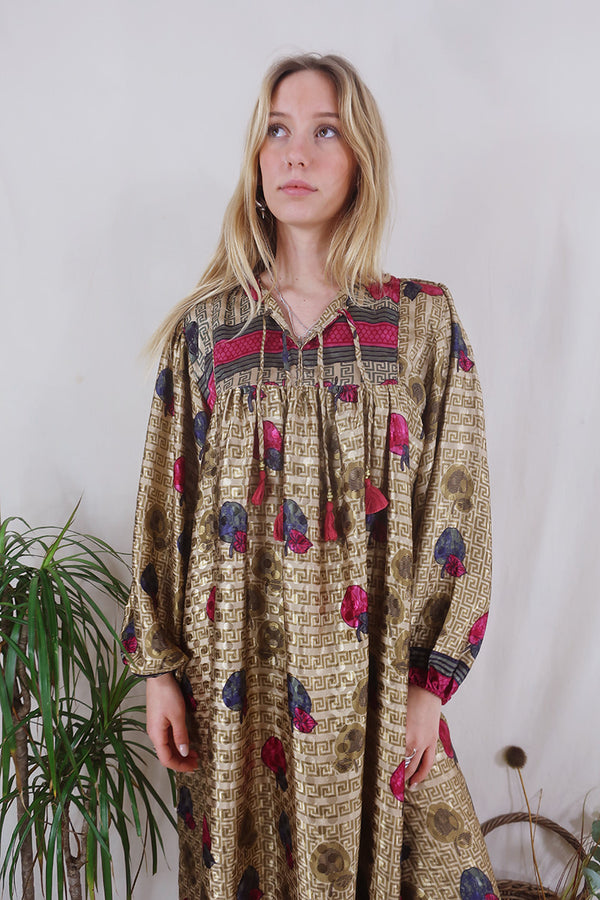 SALE | Daphne Dress - Aztec Gold & Fuchsia Apple Motif - Vintage Sari - Size S/M By All About Audrey