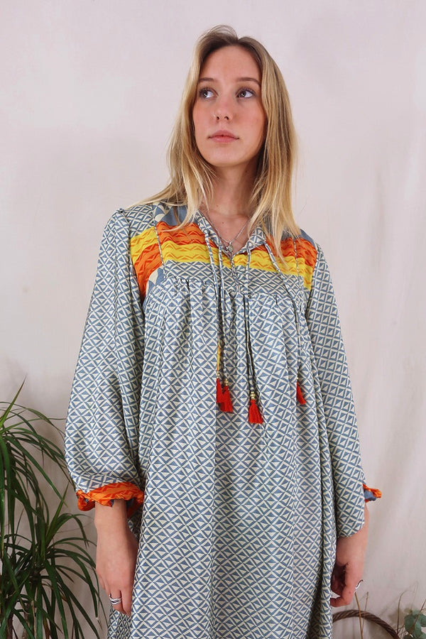 Daphne Dress - Pearl & Cool Blue Zig Zag - Vintage Sari - Size S/M By All About Audrey