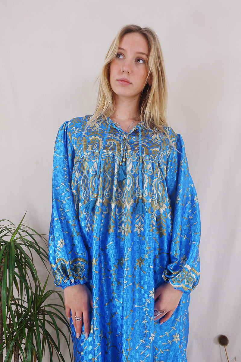 Daphne Dress - Santorini & Gilded Floral Waves - Vintage Sari - Size S/M By All About Audrey
