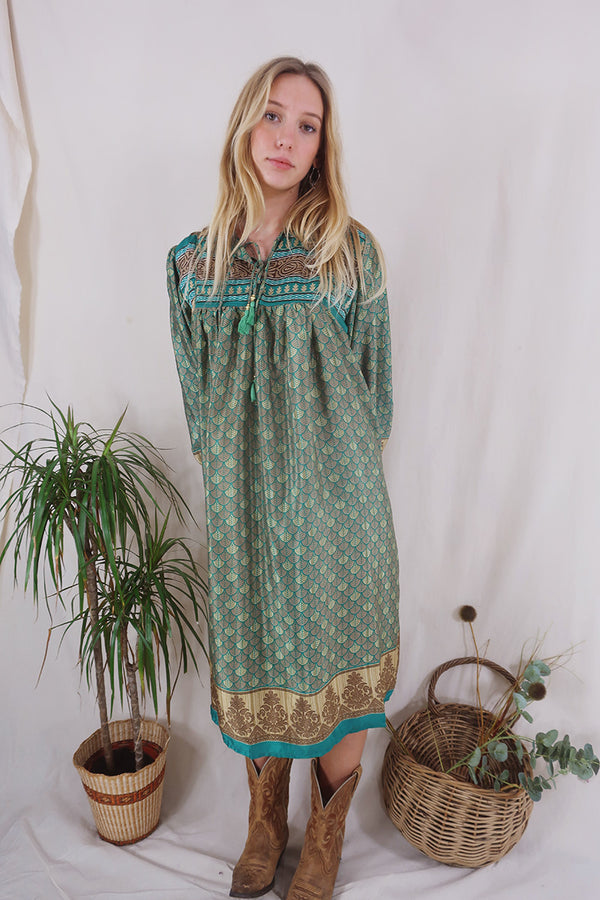 Daphne Dress - Forest & Gold Fans - Vintage Sari - Size S/M By All About Audrey