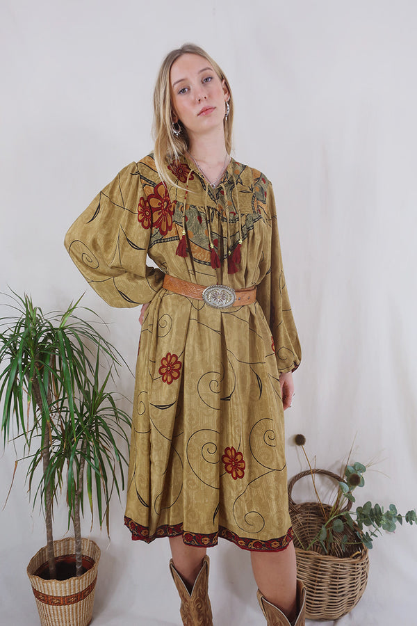 Daphne Dress - Cinnamon & Crimson Flower Bursts - Vintage Sari - Size XL By All About Audrey
