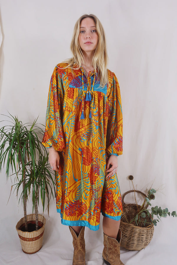 Daphne Dress - Vivid Amber & Turquoise Palms - Vintage Sari - Size S/M By All About Audrey