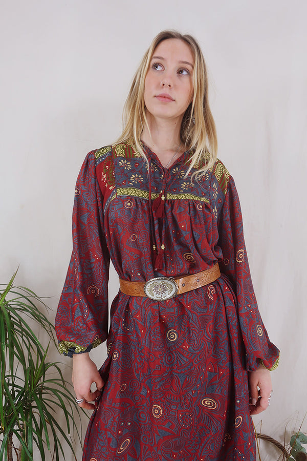 Daphne Dress - Cosmic Red Swirls - Vintage Sari - Size S/M By All About Audrey