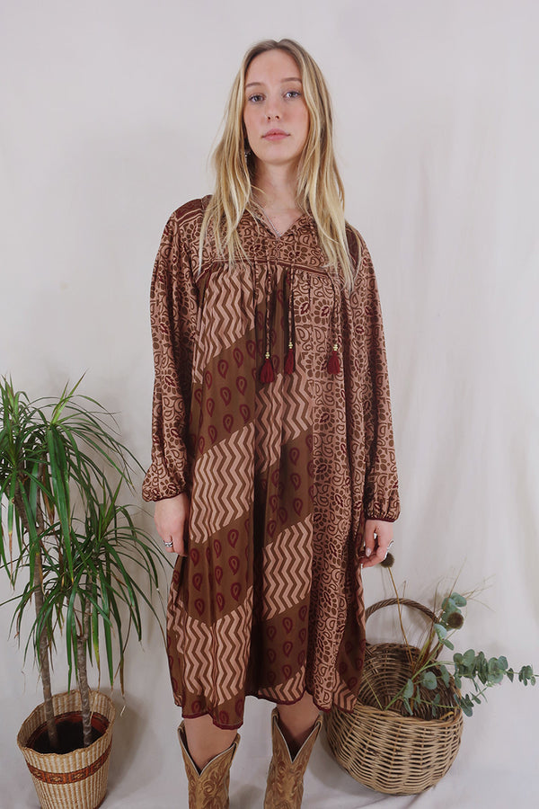 Daphne Dress - Raffia Tan & Ruby Chevron - Vintage Sari - Size S/M By All About Audrey