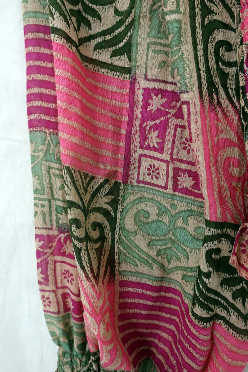Pearl Top - Vintage Indian Cotton - Pine & Pink Patchwork - Size XS - S