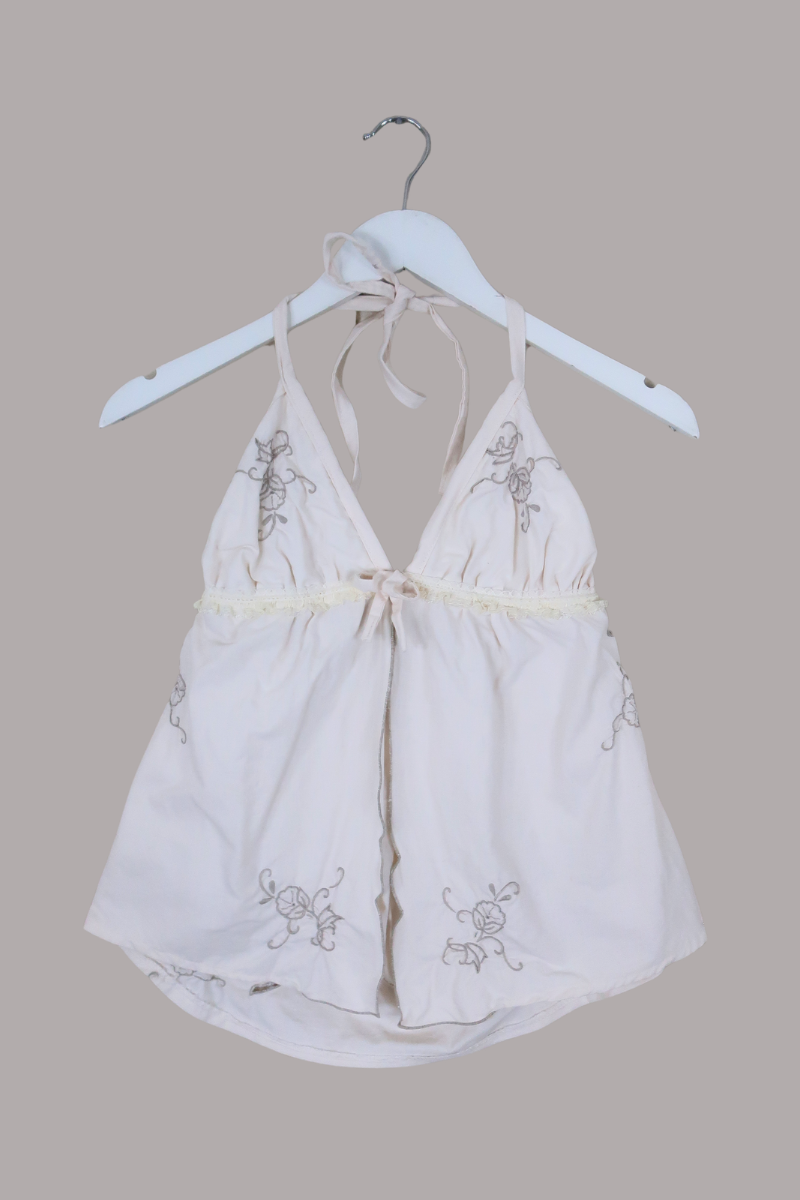 Babydoll Vintage Tablecloth Top in Taupe Embroidery - Size XS/S