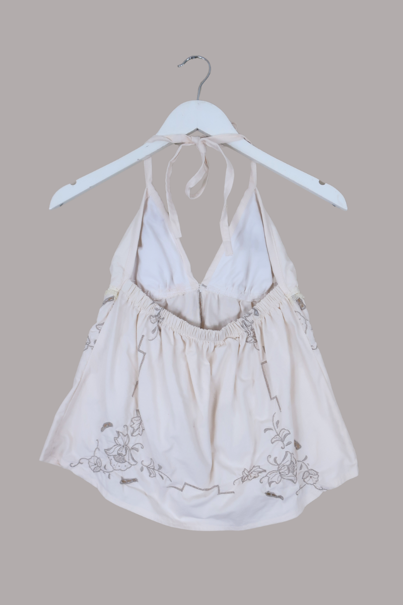 Babydoll Vintage Tablecloth Top in Taupe Embroidery - Size XS/S