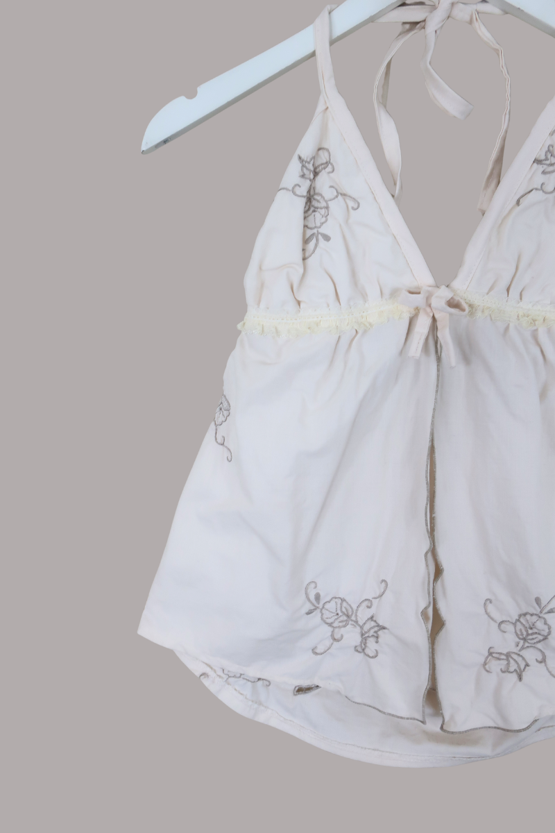 Babydoll Vintage Tablecloth Top in Taupe Embroidery - Size XS/S