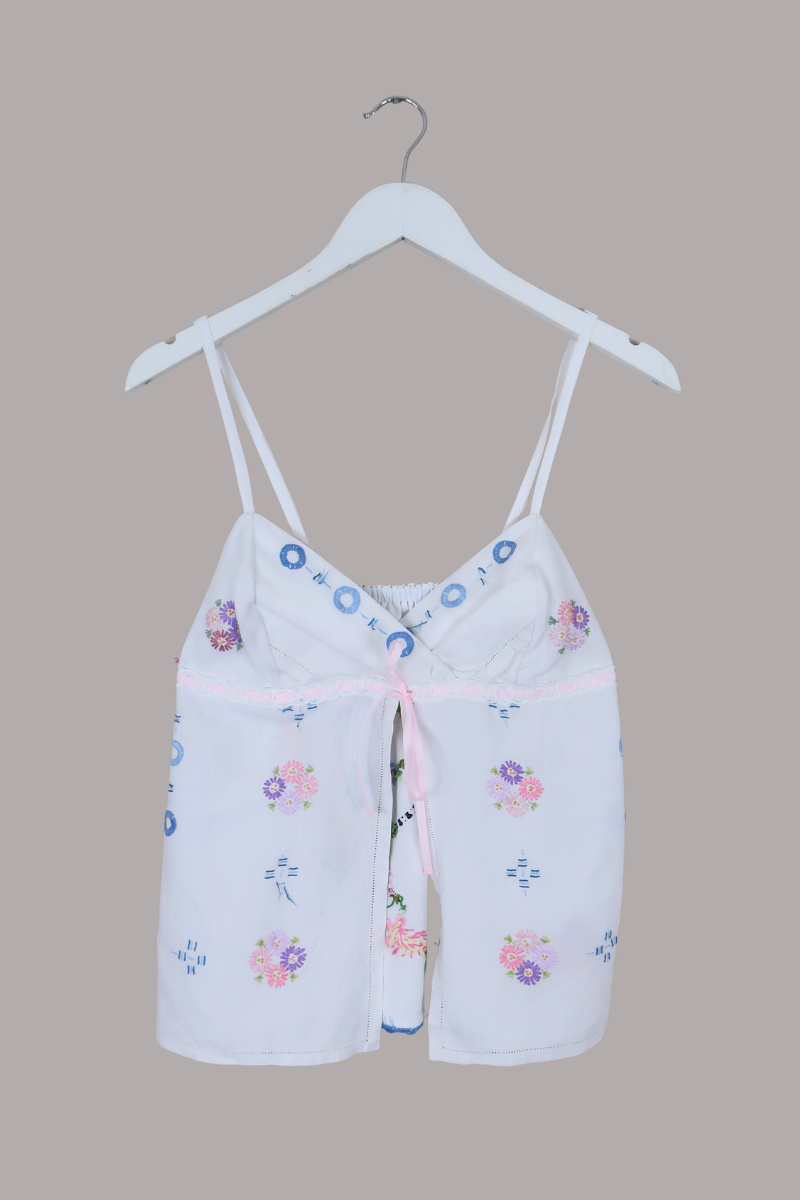 Babydoll Vintage Tablecloth Top in Santorini Blue Bouquet - Size XS