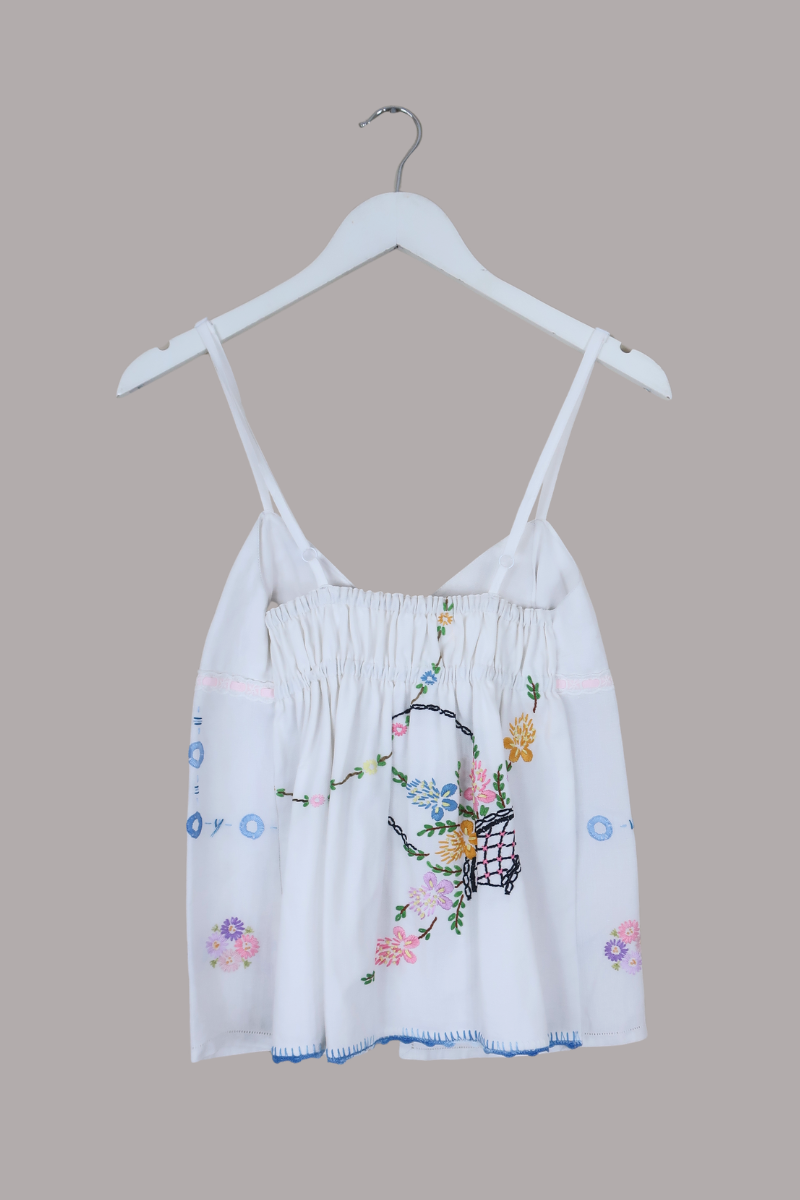 Babydoll Vintage Tablecloth Top in Santorini Blue Bouquet - Size XS