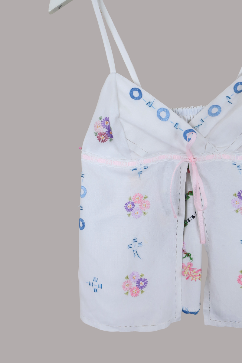 Babydoll Vintage Tablecloth Top in Santorini Blue Bouquet - Size XS