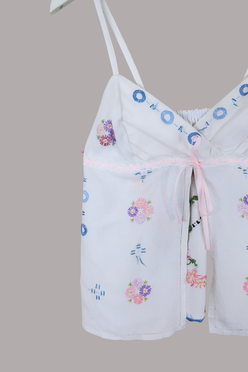 Babydoll Vintage Tablecloth Top in Santorini Blue Bouquet - Size XS
